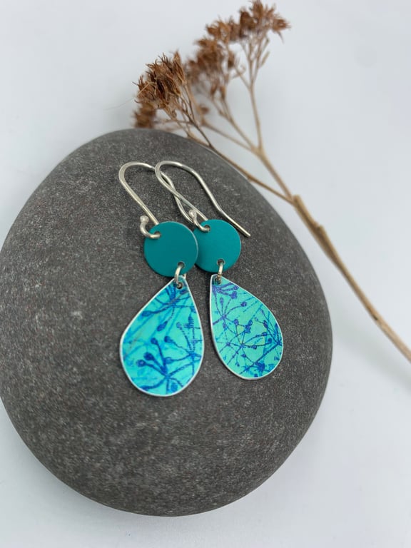 Teal aluminium cow parsley tear drop earrings