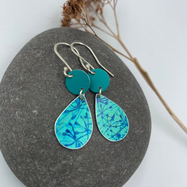 Teal aluminium cow parsley tear drop earrings