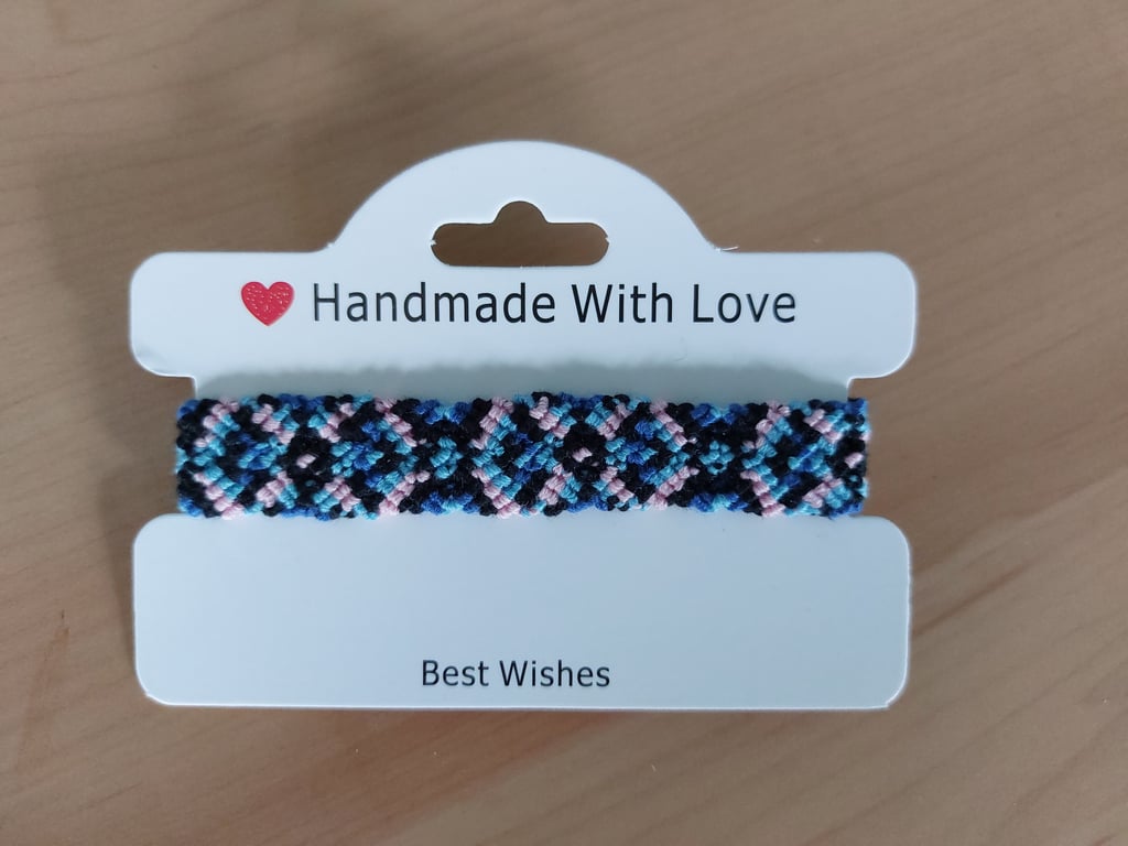 Handmade Friendship Bracelet in Black, Blue & Pink – Geometric Diamond Pattern