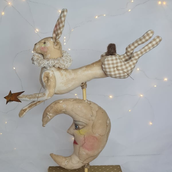Handmade hare and moon soft sculpture