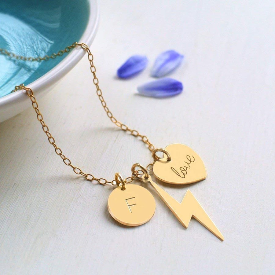 Personalised Gold Lightning Bolt, love Heart & Initial Disc Necklace