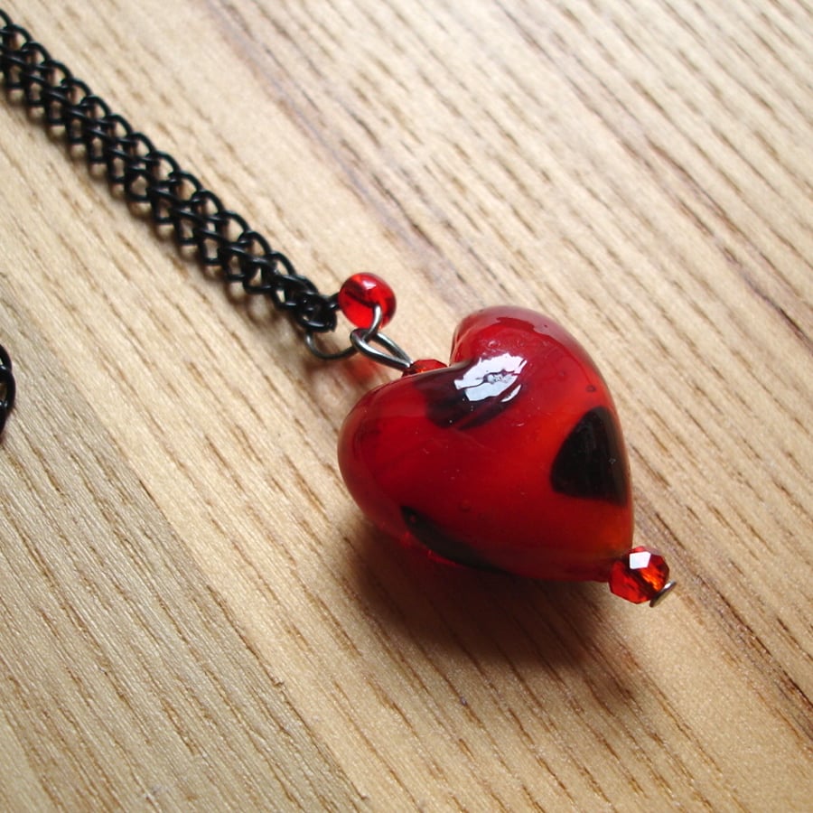 Gothic Black and Red Love Heart Glass Lampwork Pendant