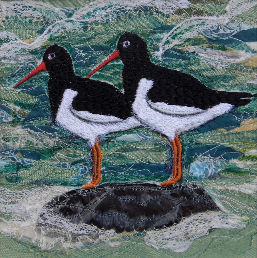 Oystercatchers - Mounted Original Embroidery Collage