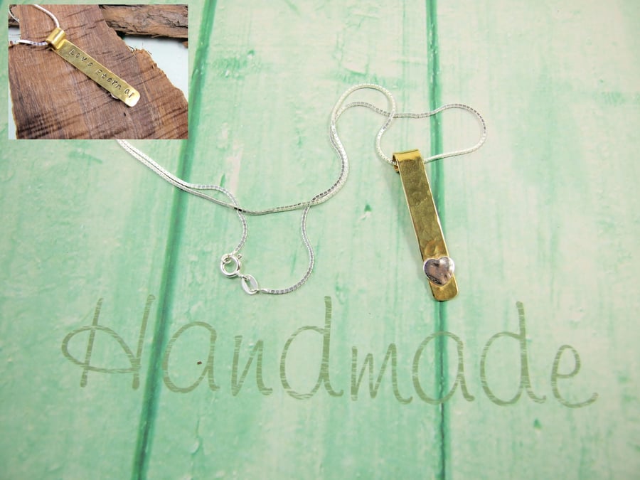 Hidden Message Necklace, Love Eternal, Brass and Silver Bar Heart Pendant