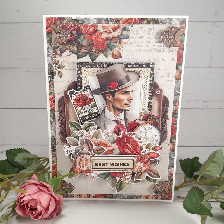 Handmade Vintage Masculine Greeting Card - Best Wishes (46) C6 Size.