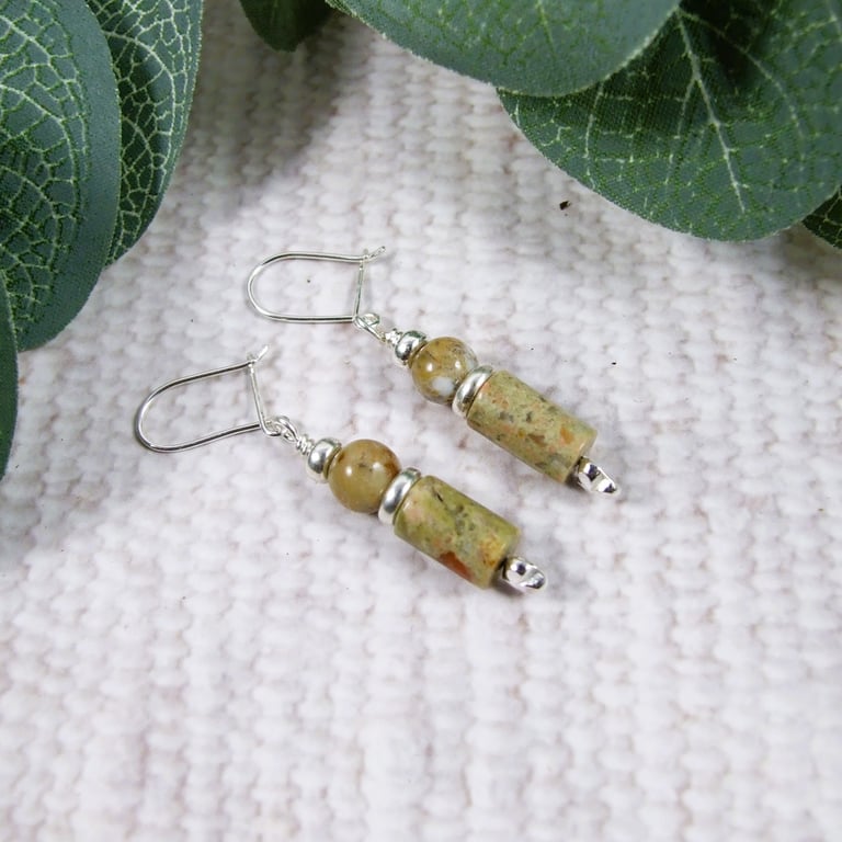 Earrings, Sterling Silver and Unakite and Jasper Droppers
