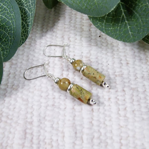 Earrings, Sterling Silver and Unakite and Jasper Droppers
