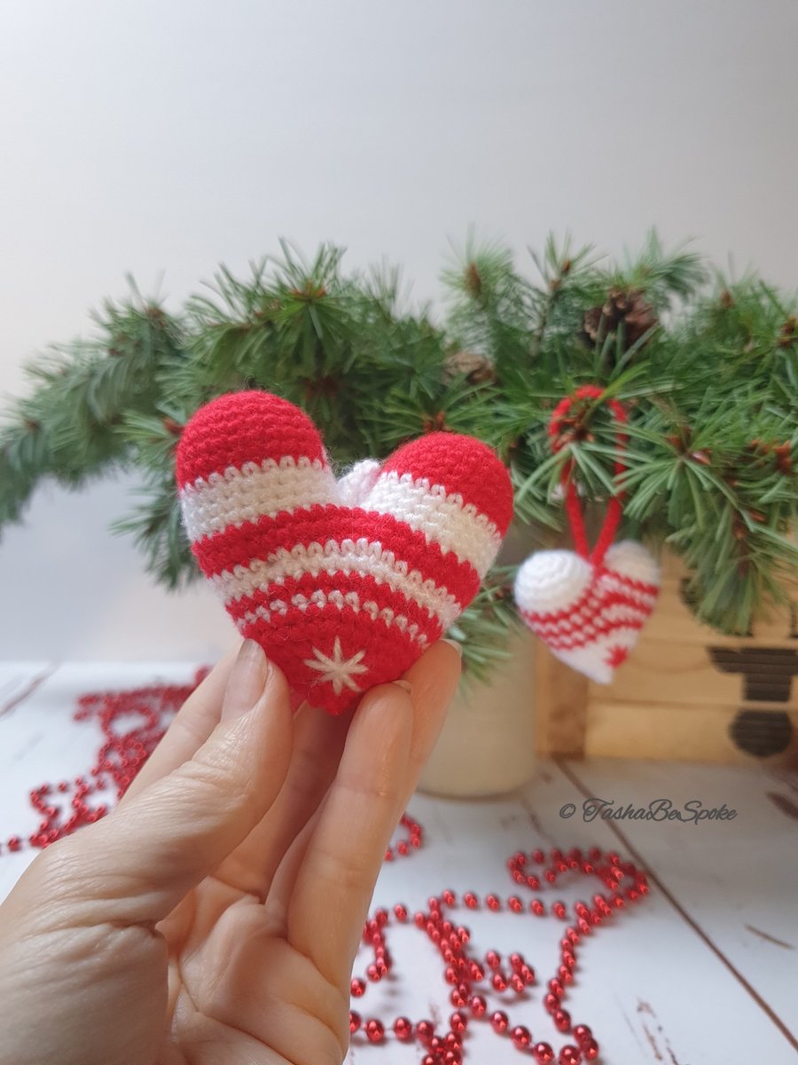 Hand crochet heart, Christmas tree ornaments, Winter home decorations, Set of 2