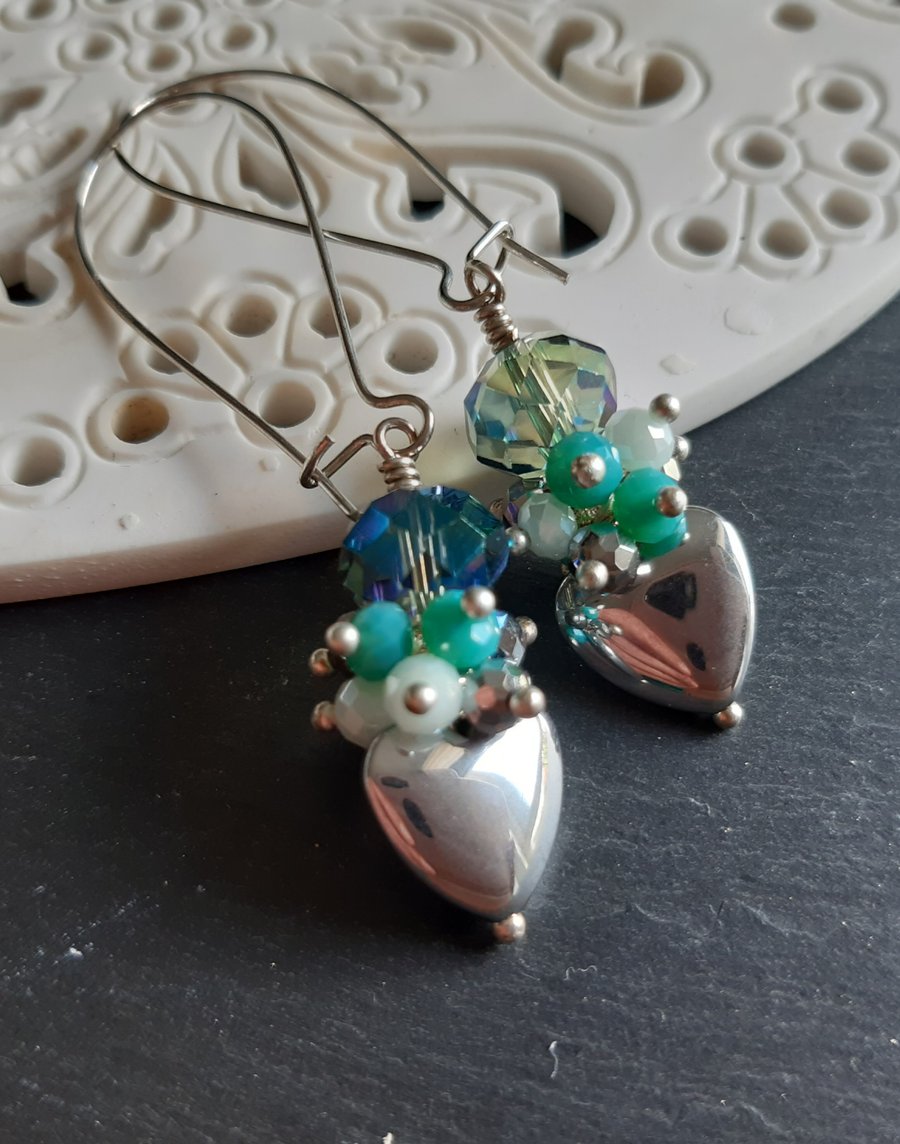 Silver haematite heart crystal cluster earrings