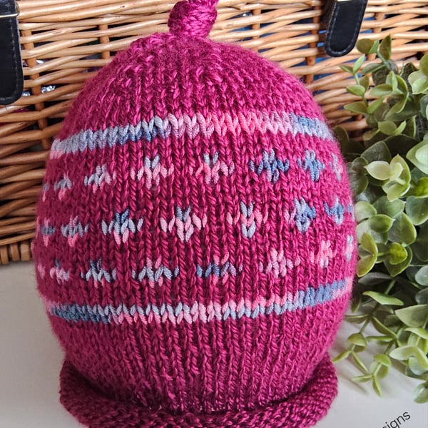 Designer Baby Knotted Fairisle Rolled Beanie Hat 12 - 18 months size 