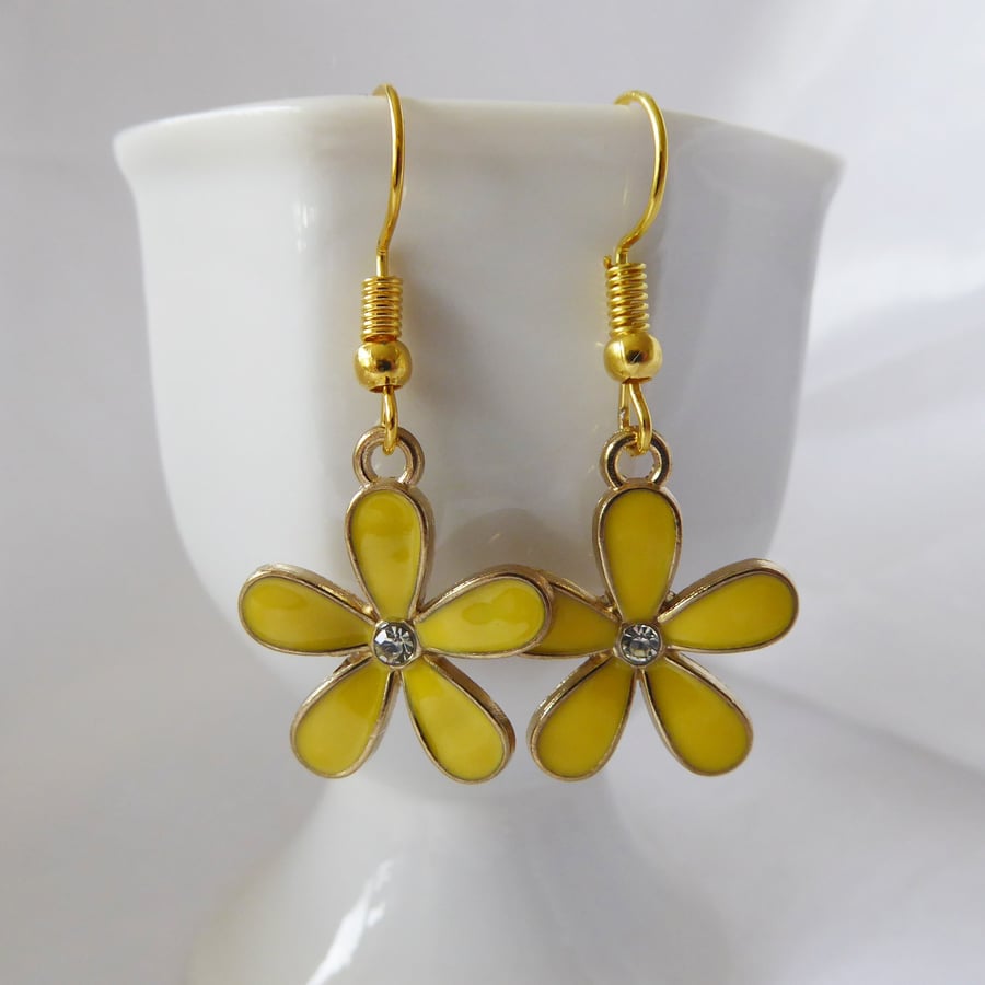 Pretty Yellow Enamel Flower Earrings with gold plated ear-wires