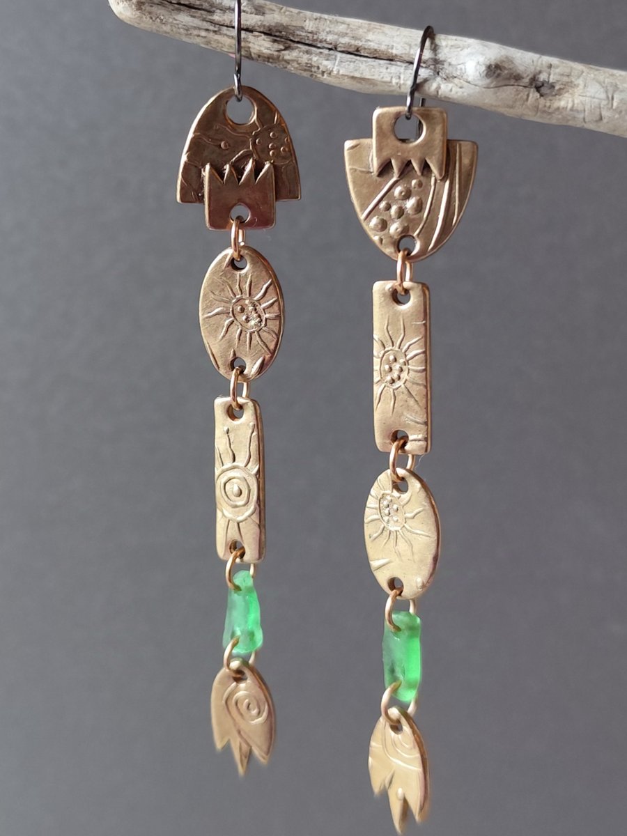 Seaglass shoulder duster earrings, bronze unique jewellery, recycled material