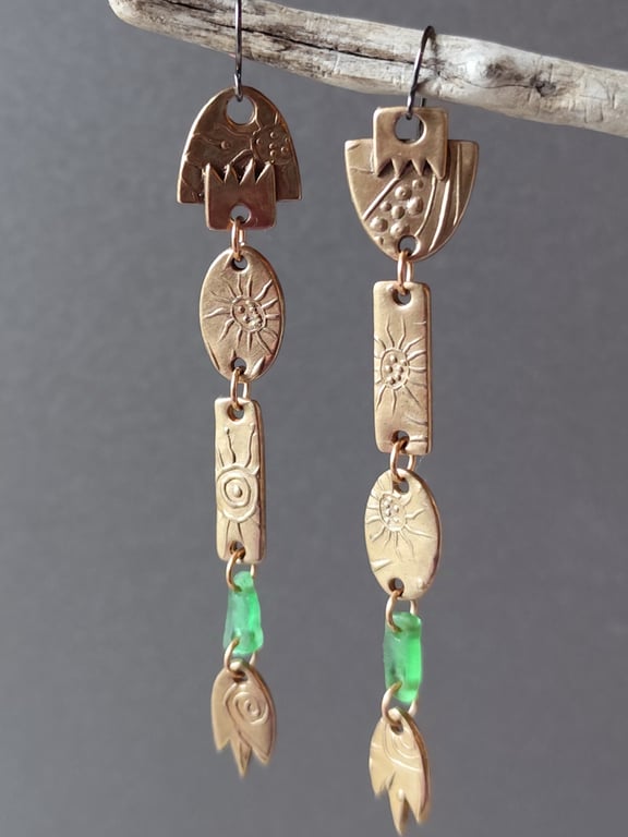 Seaglass shoulder duster earrings, bronze unique jewellery, recycled material