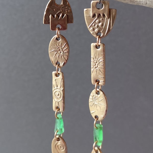 Seaglass shoulder duster earrings, bronze unique jewellery, recycled material