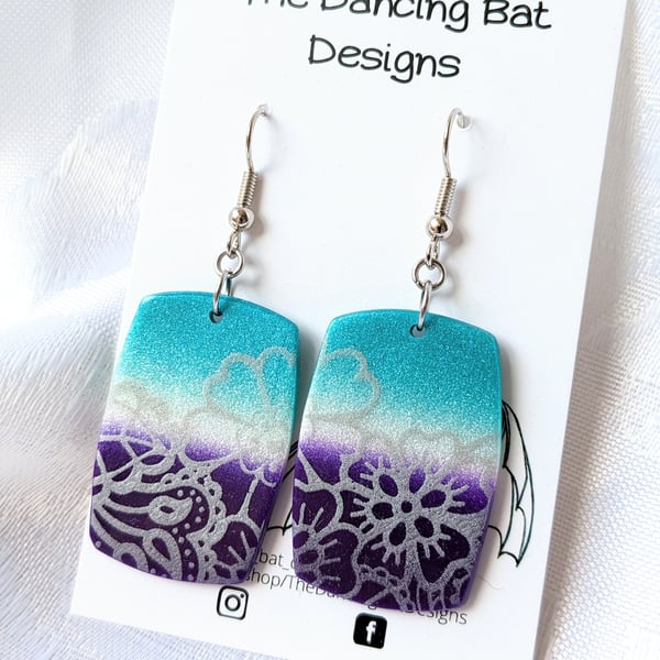 Turquoise Blue And Purple Rectangular Earrings With Flower Print, Polymer Clay