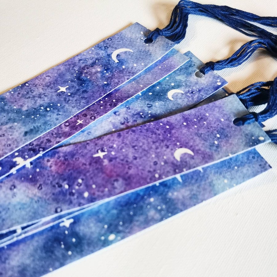 Watercolour Galaxy Bookmarks, handmade bookmark, nebula , stars, moon