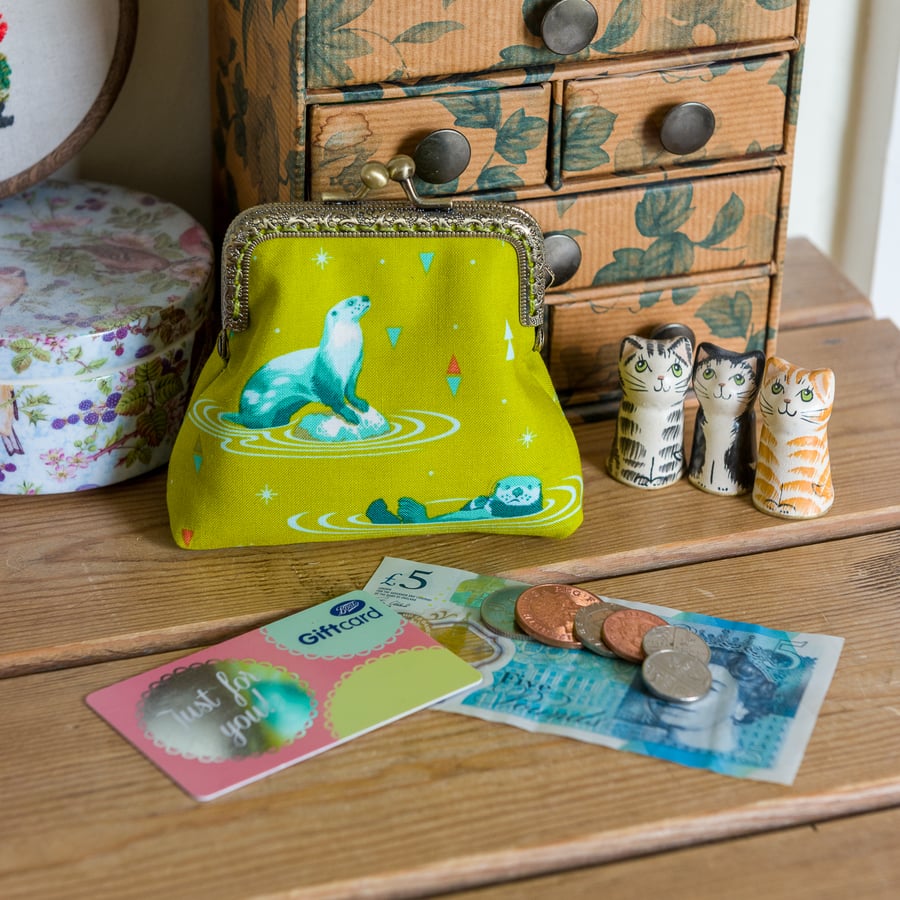 Otters purse - a frame coin purse featuring super cute otters in bright greens