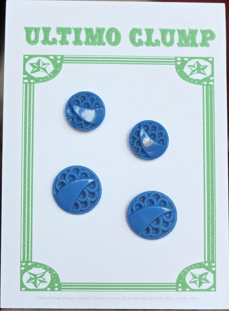 4 Vintage Blue Glass Buttons