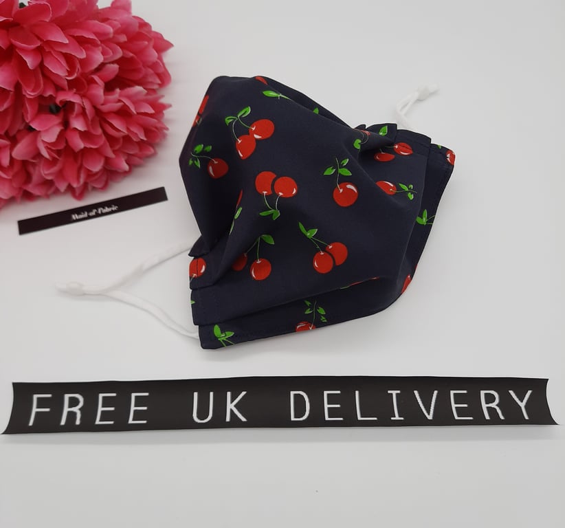 Face mask,  medium,  3 layer,  nose wire,  adjustable, washable in navy cherry