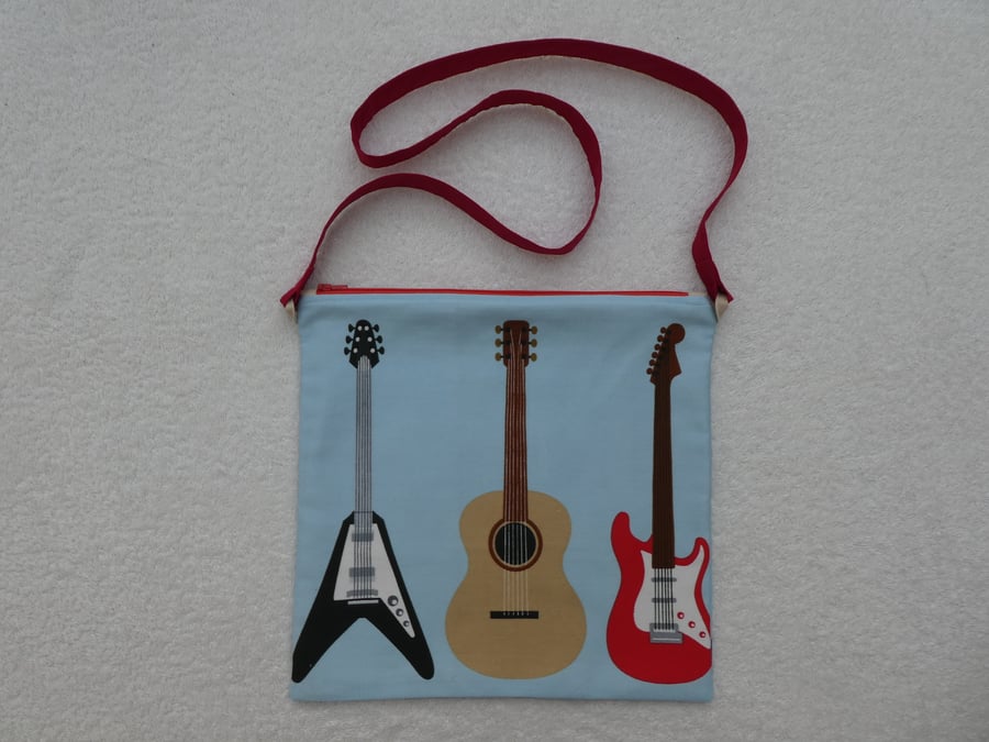 Shoulder Bag with Guitar Print Fabric. Zipped Bag with Inside Pocket.
