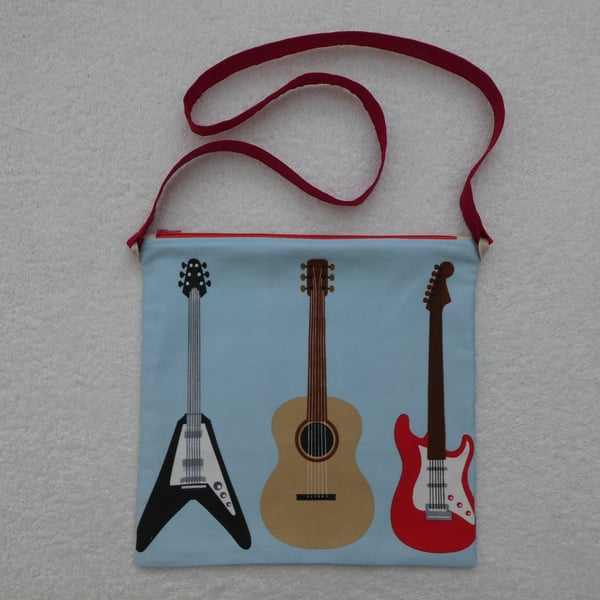 Shoulder Bag with Guitar Print Fabric. Zipped Bag with Inside Pocket.