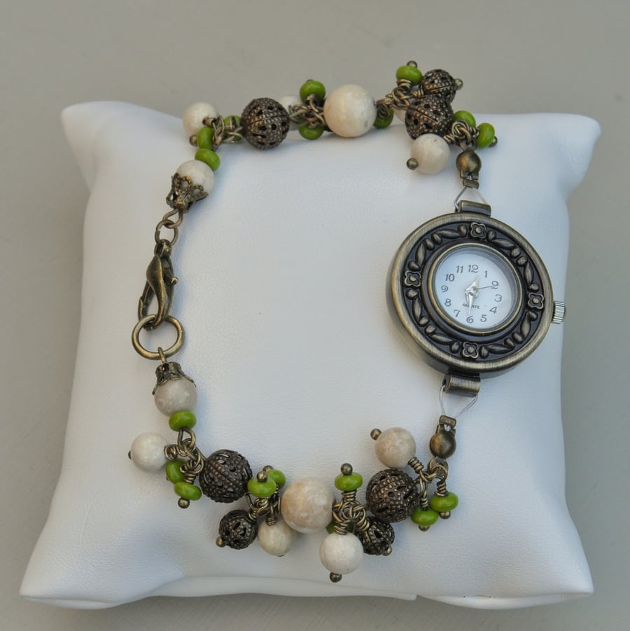 Antique Bronze Filigree, Creamstone & Lime Green Beaded Watch