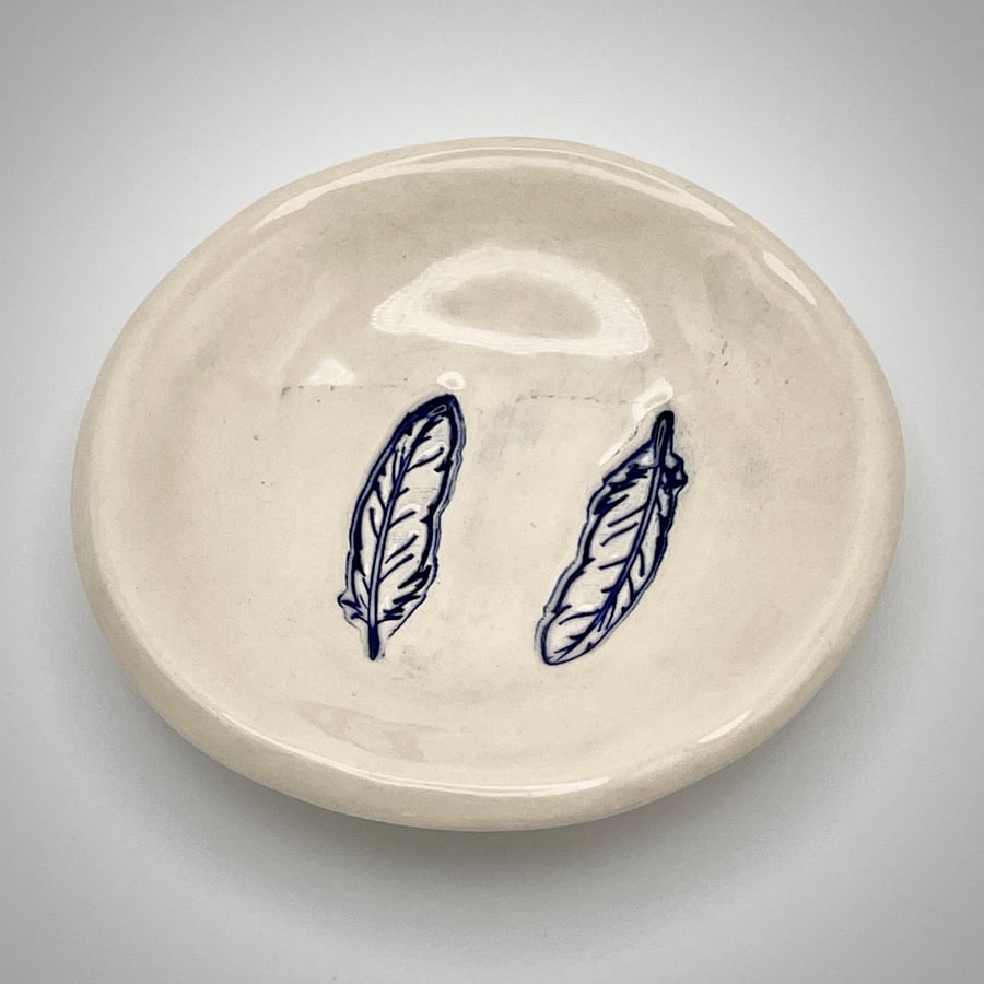 NEW! Ceramic trinket dish embossed with a pair of twin feathers