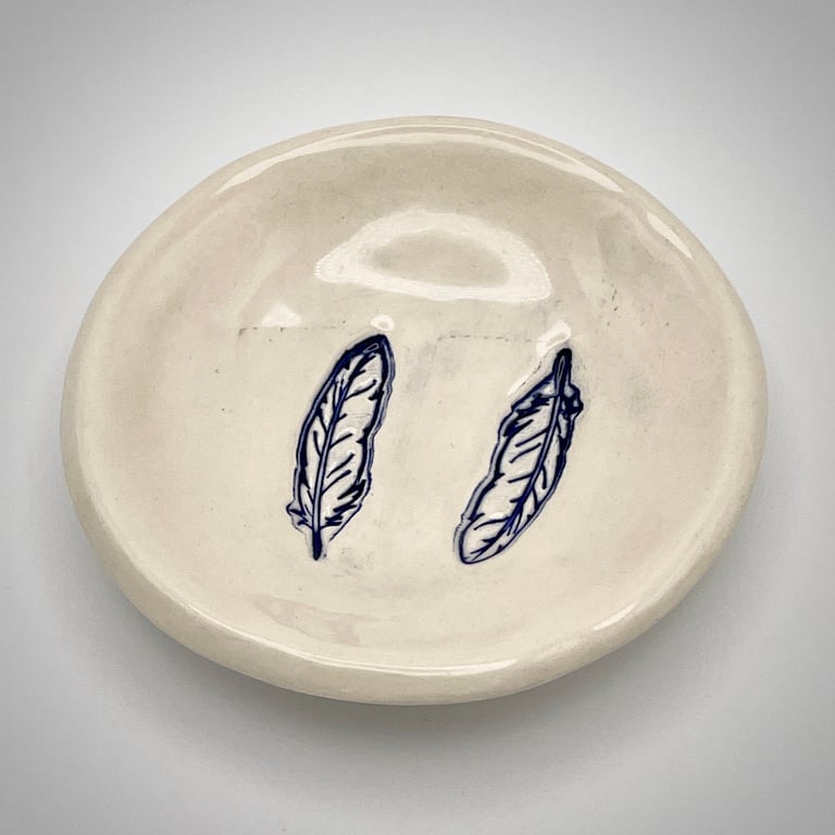 NEW! Ceramic trinket dish embossed with a pair of twin feathers