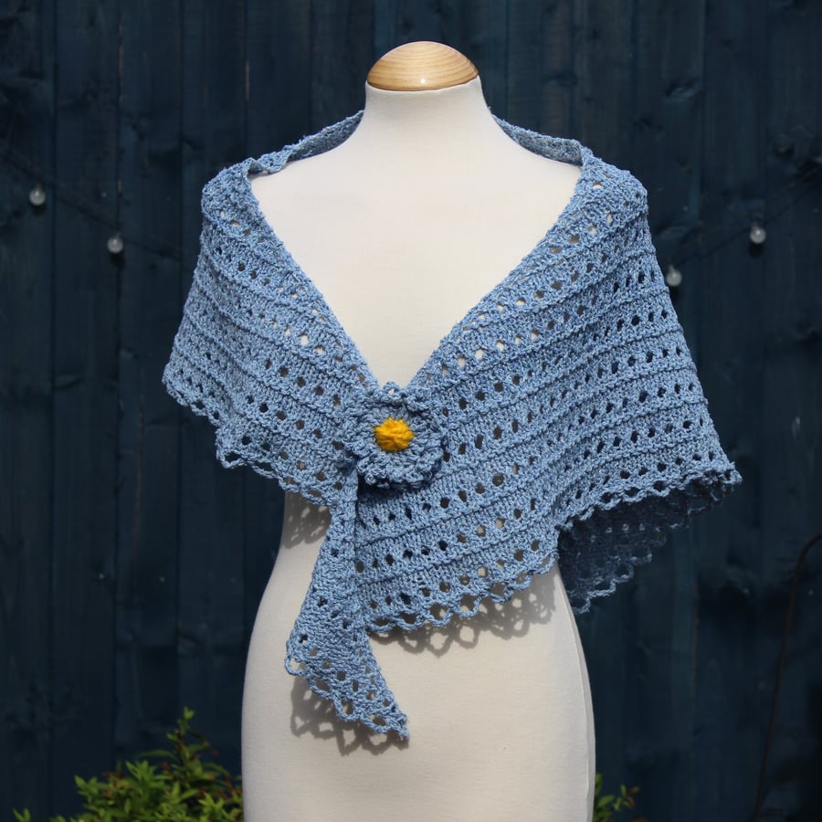 Pretty triangular lace shawl in powder blue Silk and Cotton yarn - design A516