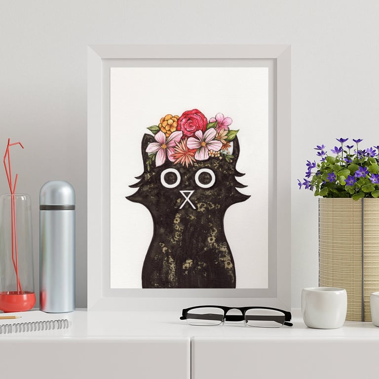 Cute Cat Wall Art Print, Frida Kahlo Style, Cat Art, Bridesmaid, Floral Print A4