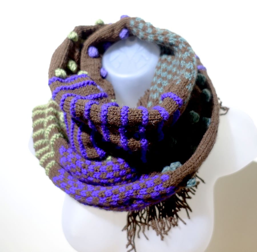 Handknit Scarf Acrylic Yarn.  Funky dots and stripes design. Thick and warm. 