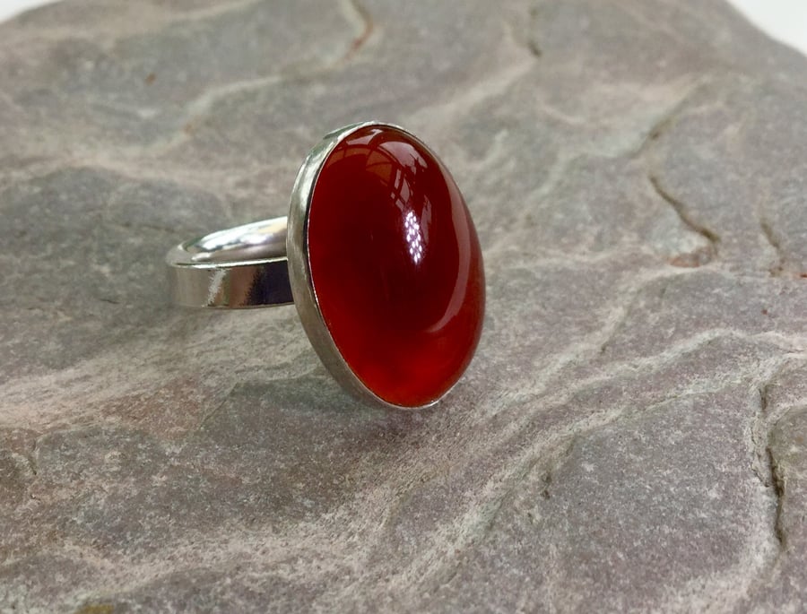 Sterling Silver Ring with Large Oval Carnelian Gemstone,  Size N,   R130