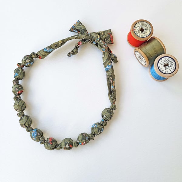 Khaki Green Red and Blue Liberty Print Fabric Necklace - Hackney Road B Print