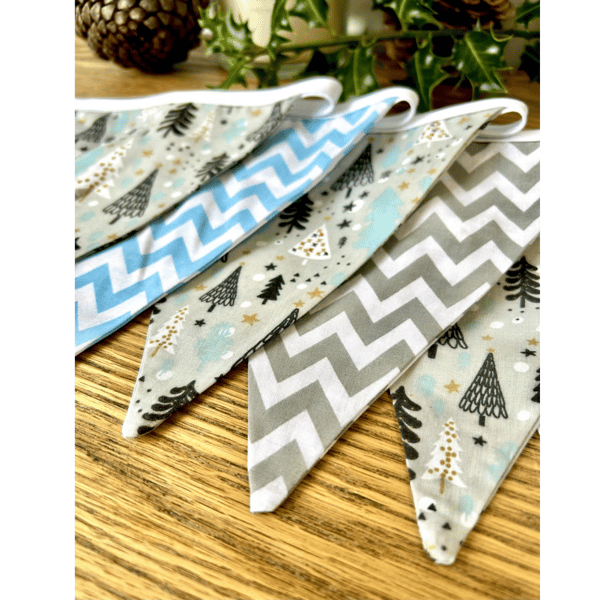 Handmade Grey, White & Blue Christmas Tree Bunting - Handmade Fabric Garland