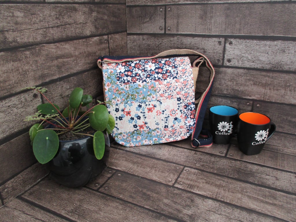 Upcycled Coffee Sack -  Crossbody Shoulder Bag - Blue and peach Pattern