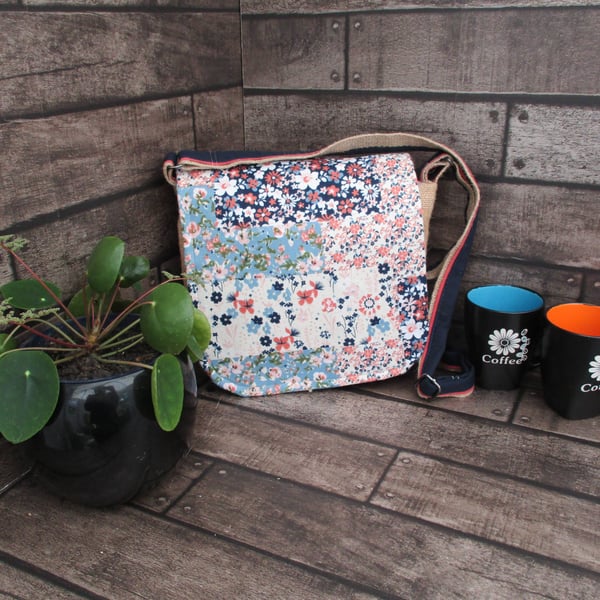 Upcycled Coffee Sack -  Crossbody Shoulder Bag - Blue and peach Pattern