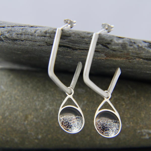 Stormy Seas Oxidised Sterling Silver Geometric Charm Hoop Earrings