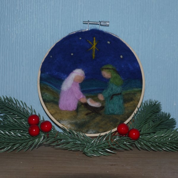 Needle felted Nativity embroidery hoop christmas decoration