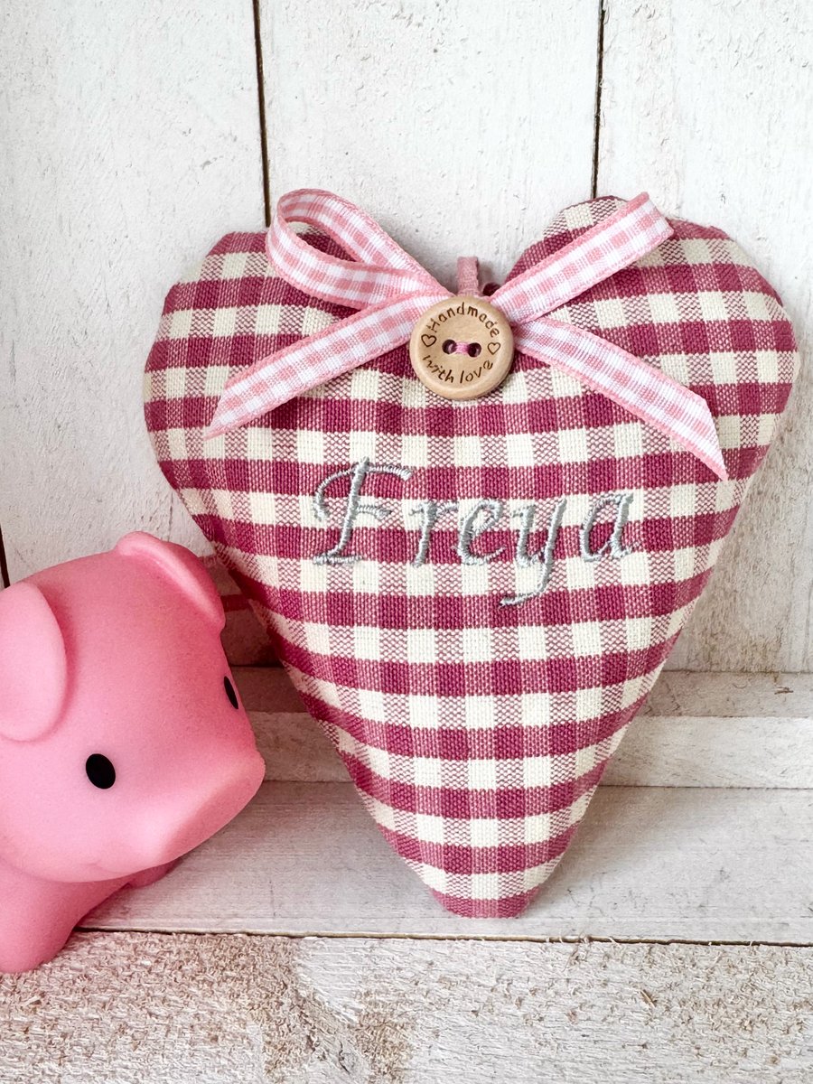 PINK NAME HEART - new baby gift - pink gingham