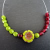 Czech Glass Flower Necklace Cranberry and Olive Green