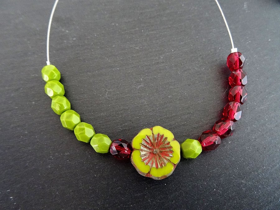 Czech Glass Flower Necklace Cranberry and Olive Green