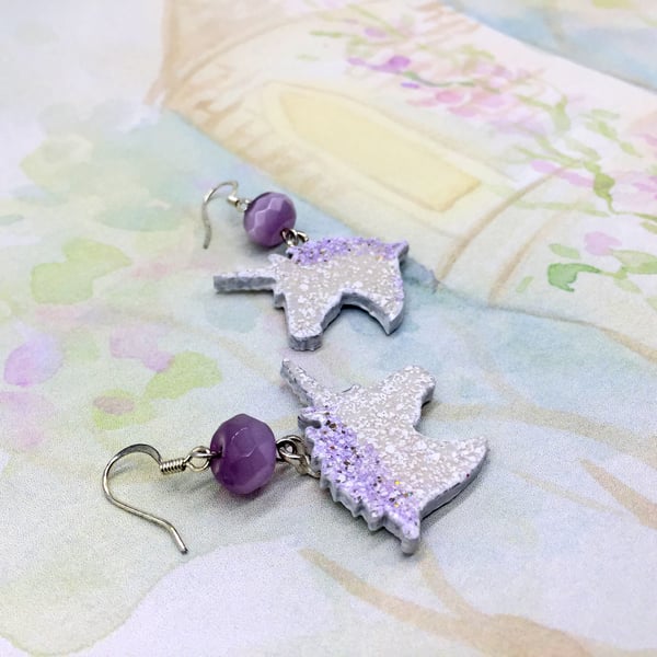 Unicorn silhouette wood dangle earrings white and lilac fantasy lover