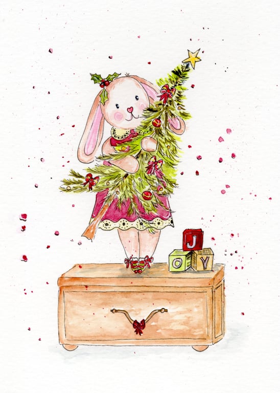 Little Girl's Christmas Card – Bunny in Dress with Toy Chest Christmas Tree