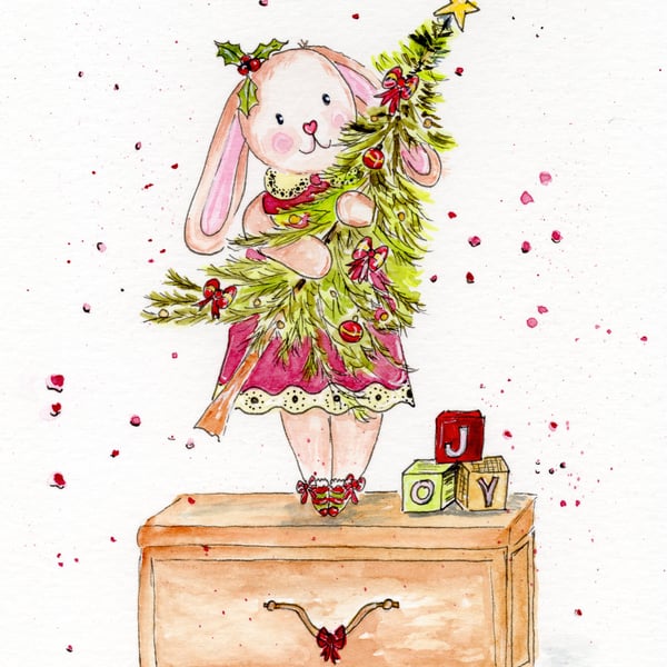 Little Girl’s Christmas Card – Bunny in Dress with Toy Chest Christmas Tree