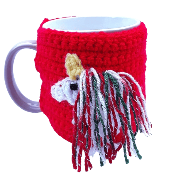 Seconds Sunday Christmas themed unicorn mug cosy - red hand crochet