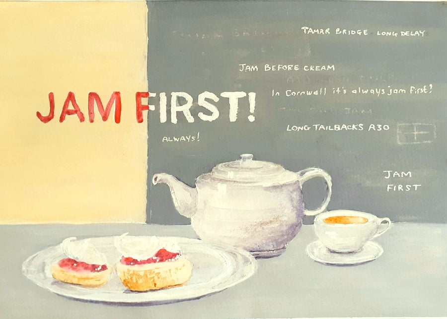 Original gouache still life painting  Jam First -Cornish Cream Tea