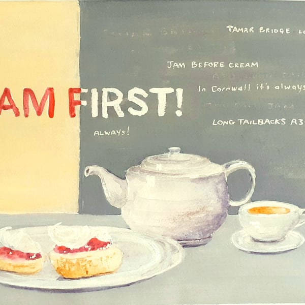 Original gouache still life painting  Jam First -Cornish Cream Tea