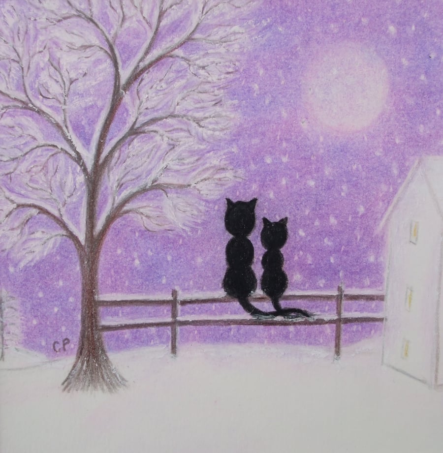 Cat Card, Mother Daughter Card, Snow Black Cats Moon Tree Art Card