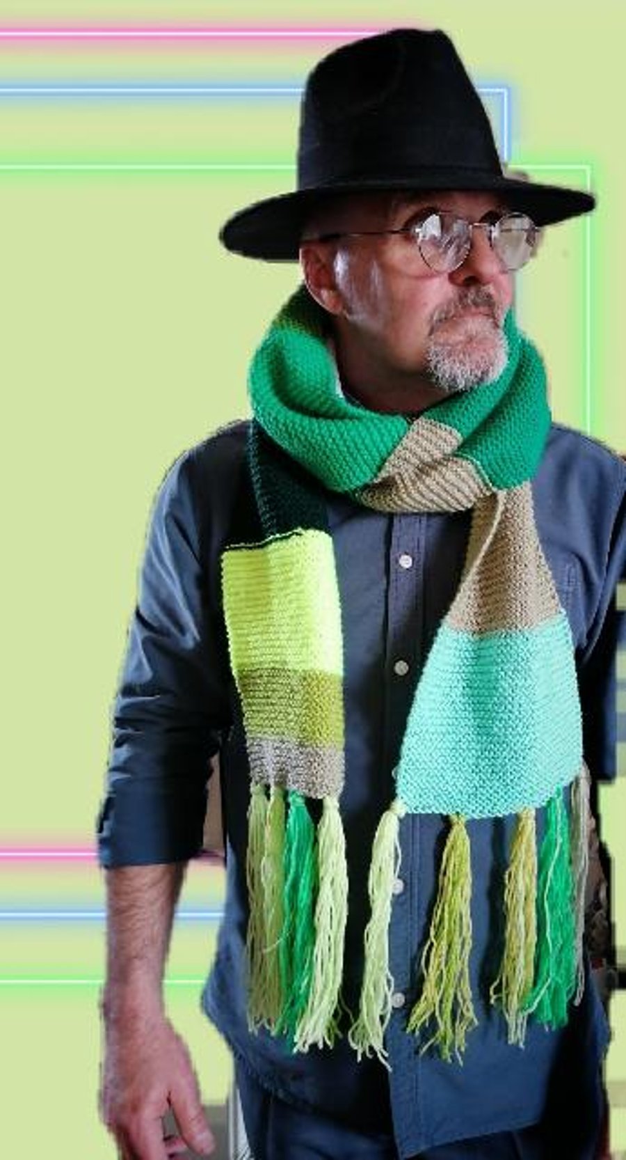 Extra long hand knit green multicoloured garter stitch scarf with tassels 