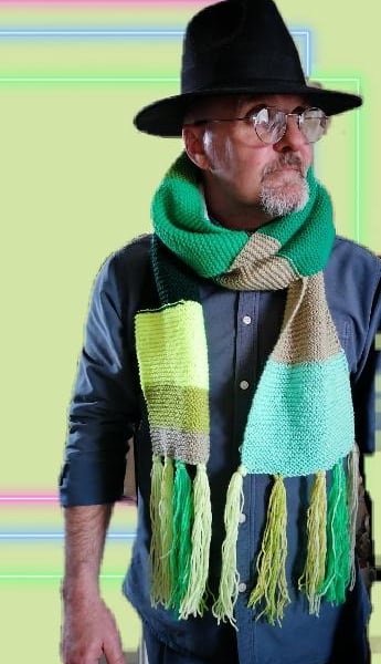Extra long hand knit green multicoloured garter stitch scarf with tassels 